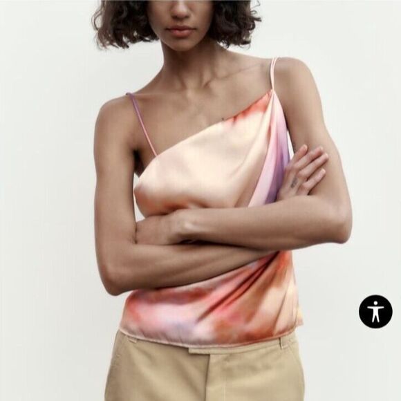 NWT Zara Asymmetric Purple Pink Ombre Print Top Spaghetti Straps Women’s Medium - Picture 3 of 13